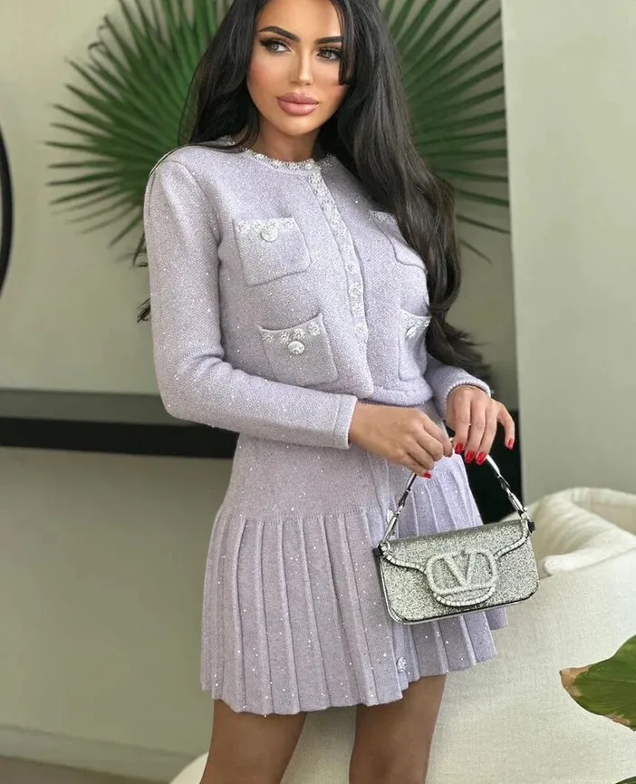 Self Portrait Lilac Sequin Knit Cardigan & Pleated Skirt Set Size S 