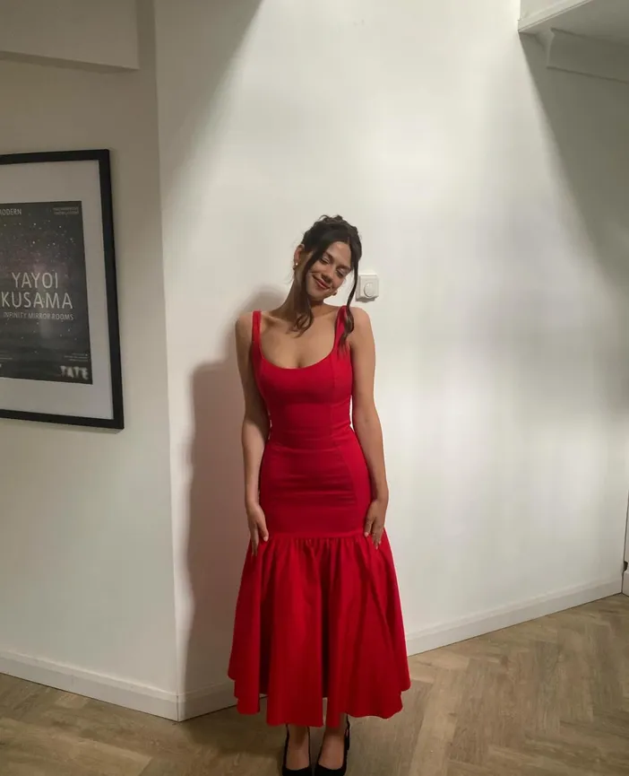 House Of CB Amore Scarlet Dropped Waist Midi Dress Red Size 6