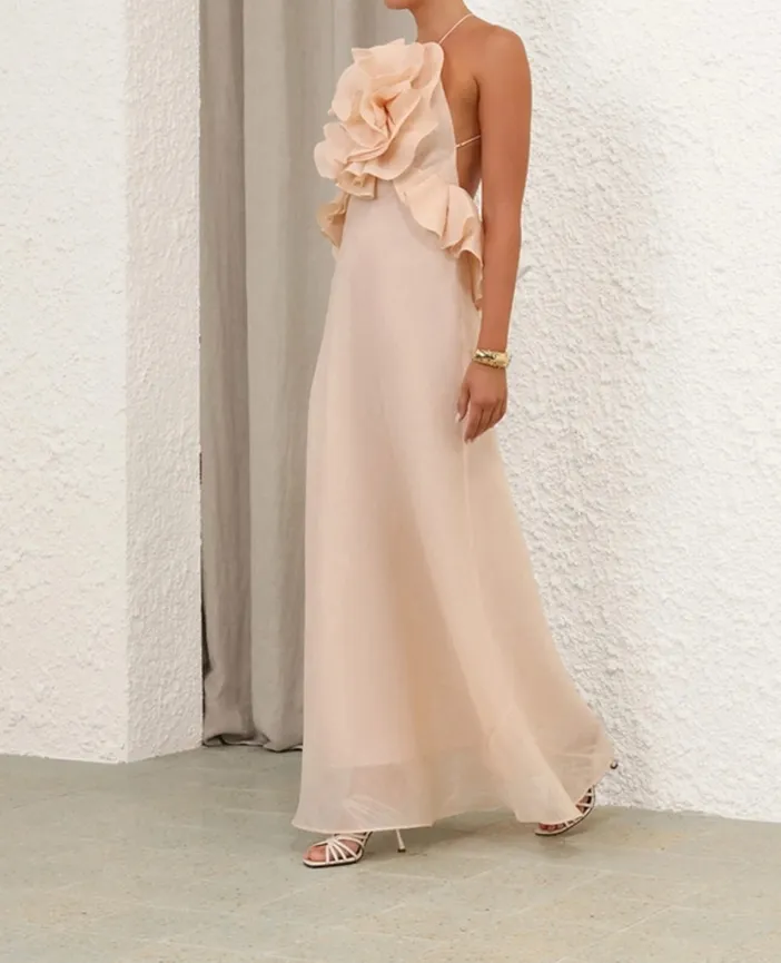 ワンピース ZIMMERMANN CRUSH 0 Zimmermann Crush Ruffle Halter Maxi Dress Peach Size 0 & 1