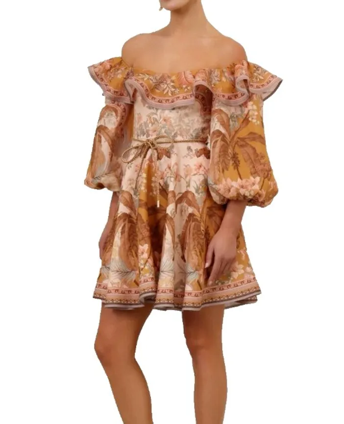 Zimmermann Wylie Off-Shoulder Mini Dress Mustard Floral Size 1