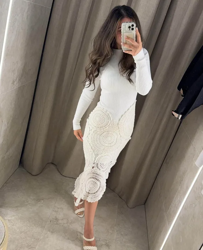 Aje Mosaic Crochet Midi Dress Ivory Size S