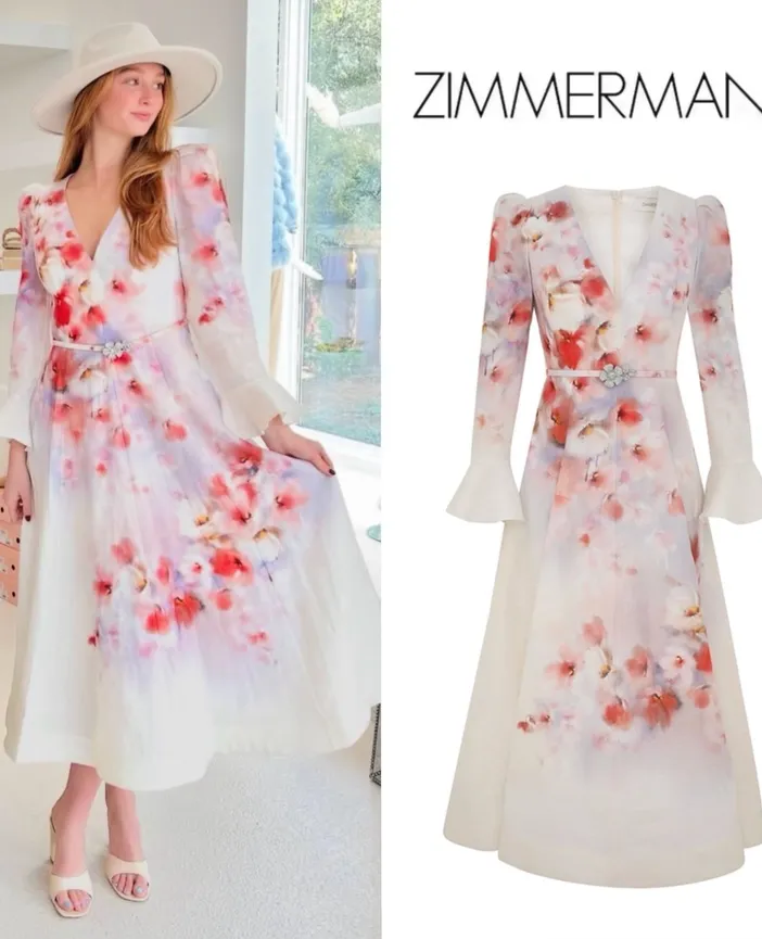 Zimmermann Crush Frill Sleeved Midi Dress Scarlet Floral Size 2
